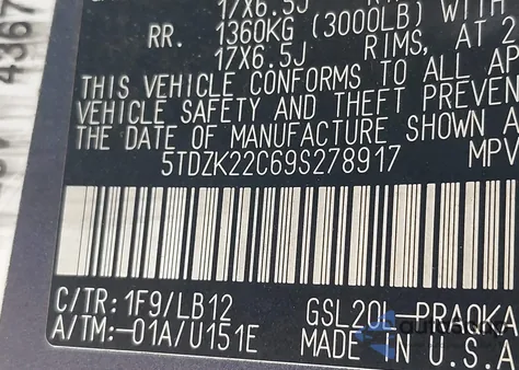 2009 Toyota Sienna Xle/Xle Limited из США, поврежденный, VIN 5TDZK22C69S278917